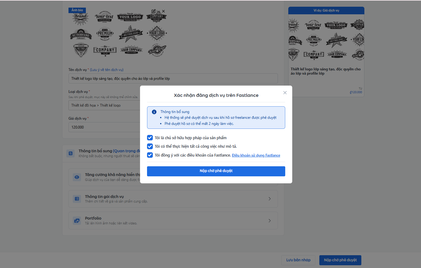 Tick đủ yêu cầu rồi gửi phê duyệt, dịch vụ sẽ xét.