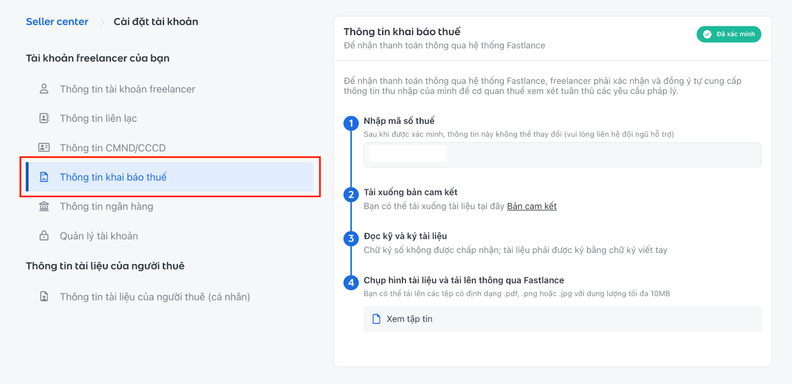 Điền đầy đủ “Thông tin Khai báo thuế” của freelancer