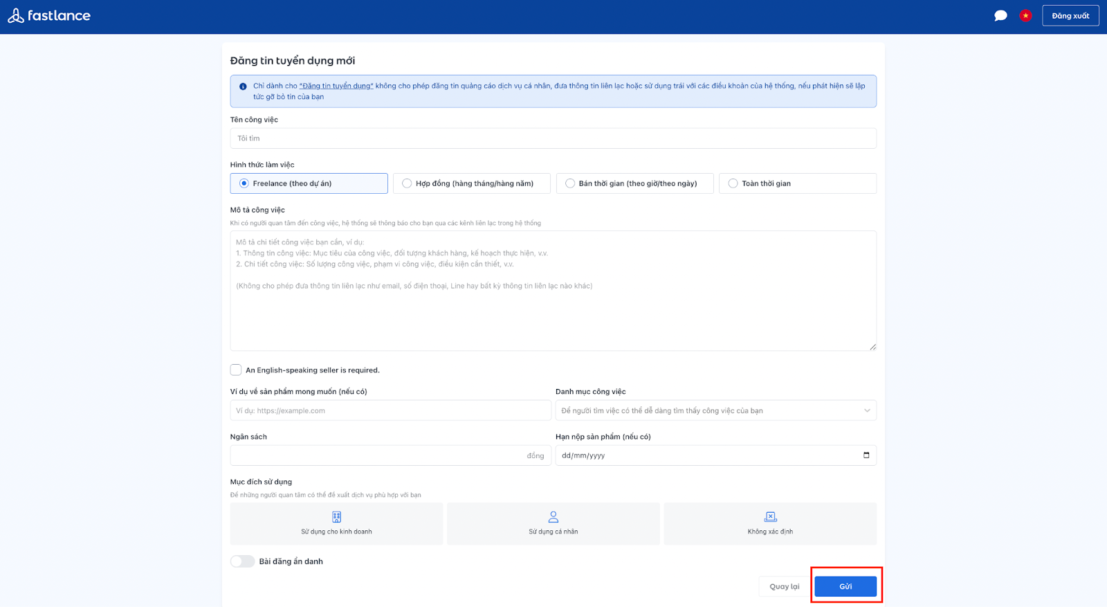 Điền thông tin tuyển dụng fastlance